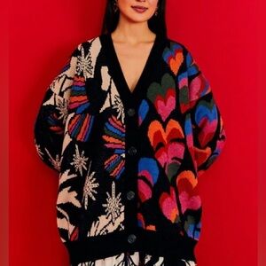 Farm Rio Mixed Rainbow Prints Heart and Plant Pattern Cardigan NWT - Small